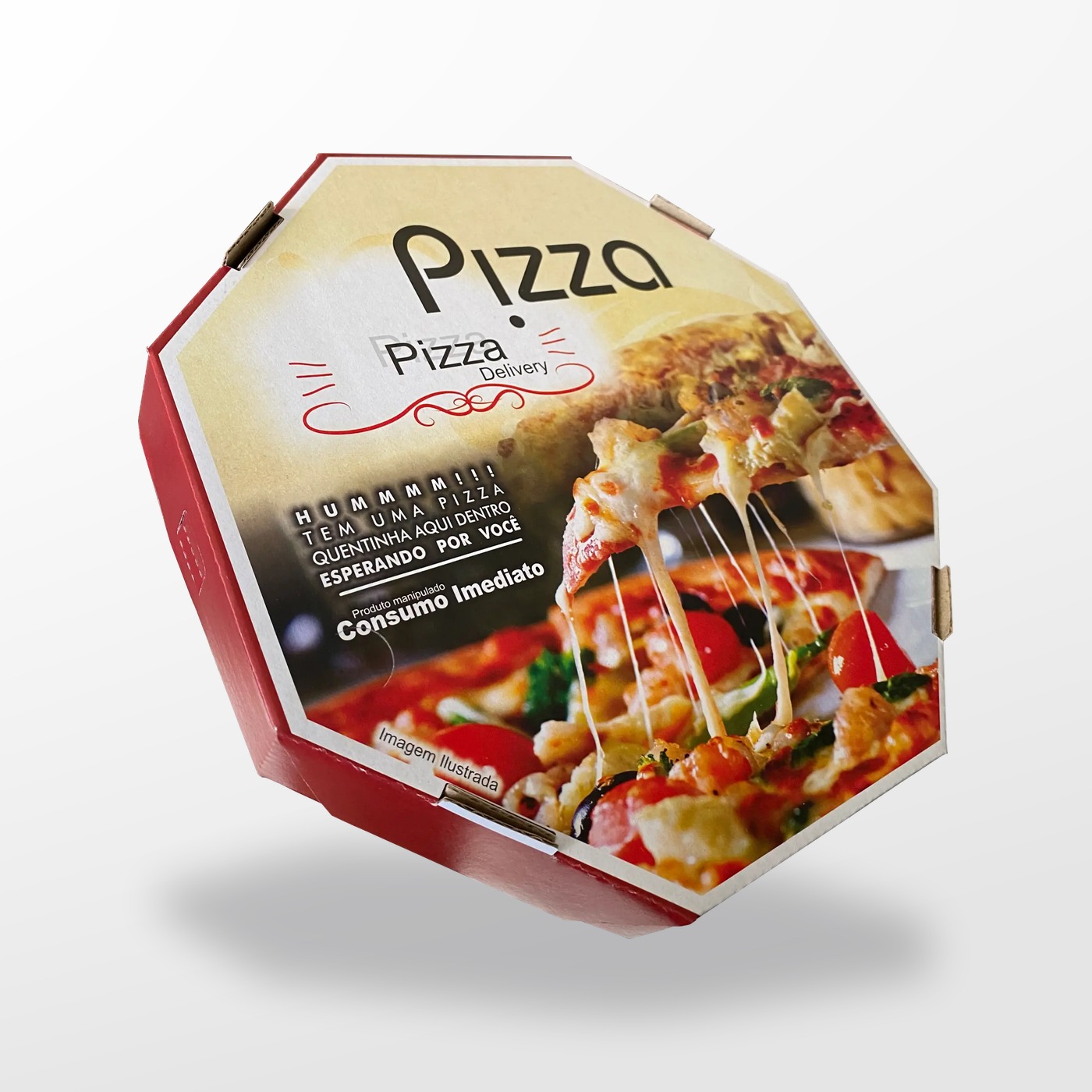 Caixa de pizza universal oitavada em perspectiva, com impressão fotográfica Pizza Delivery