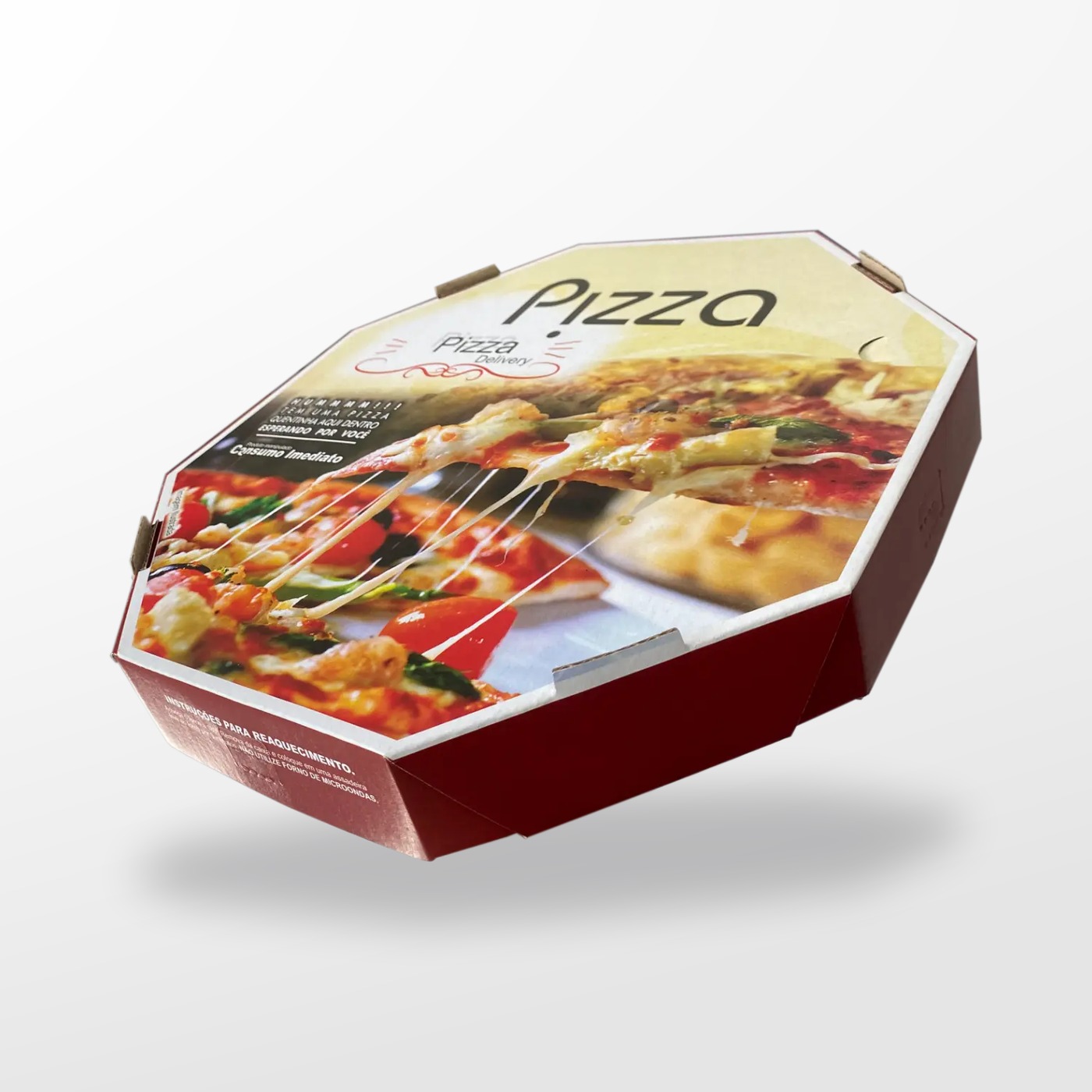 Caixa de pizza universal fechada em perspectiva lateral