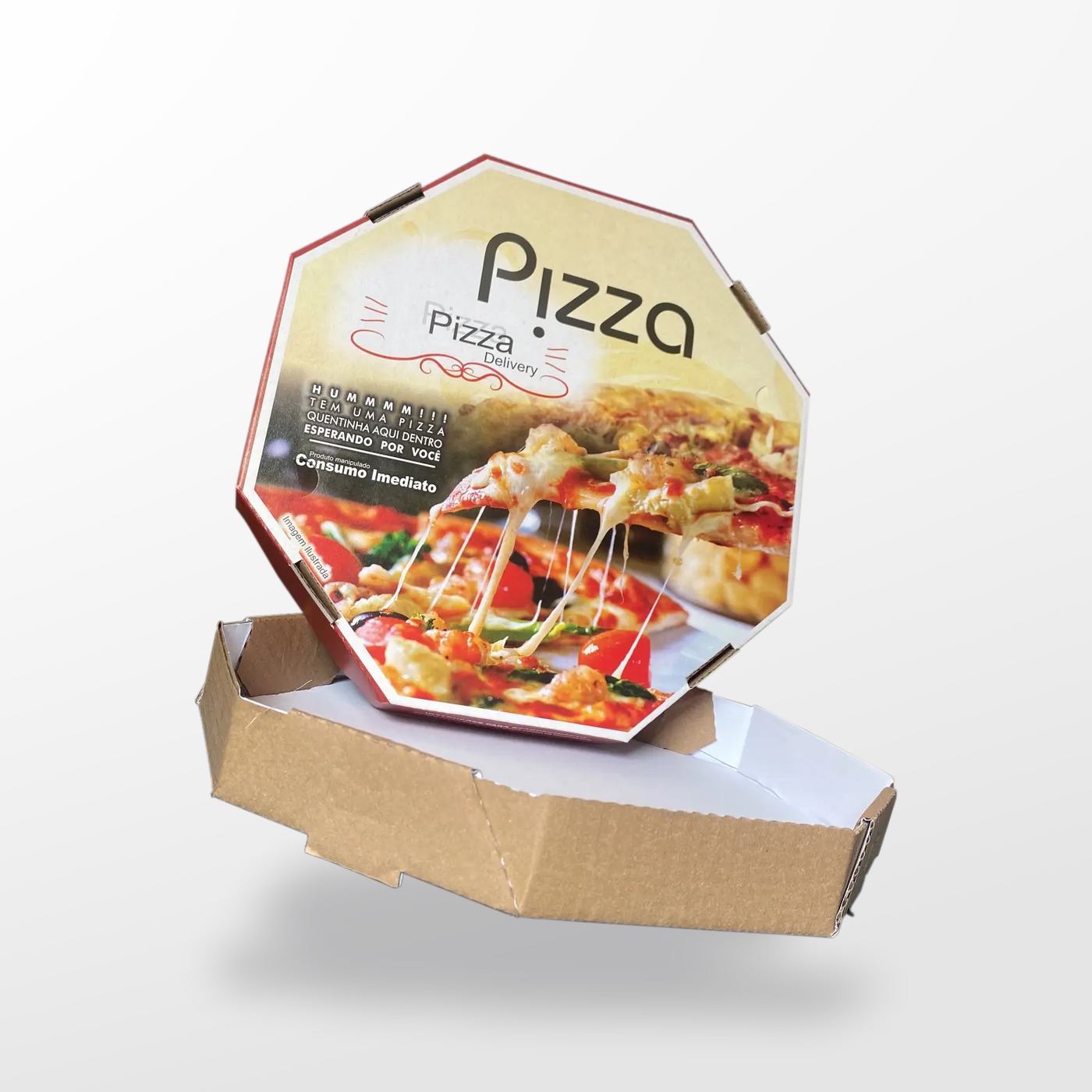 Caixa de pizza universal aberta mostrando o interior em kraft